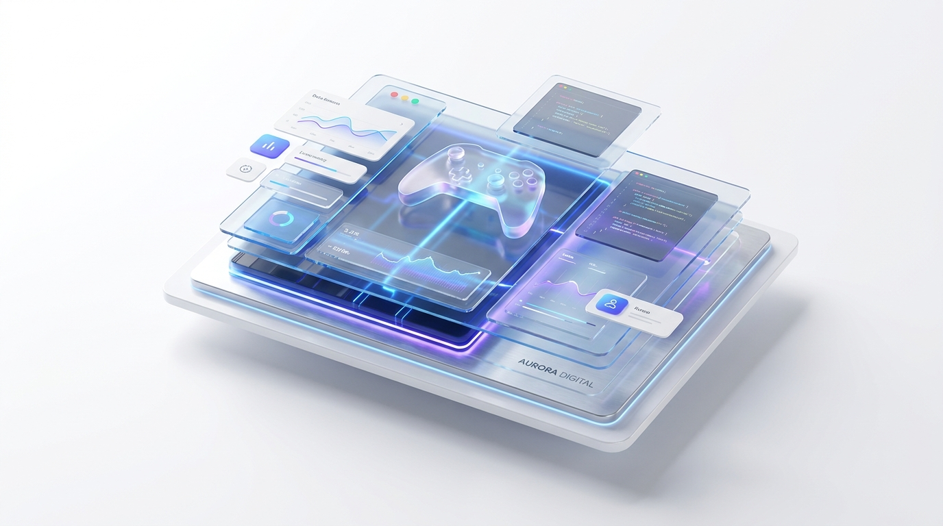Interface tech premium avec couches translucides et accents néon